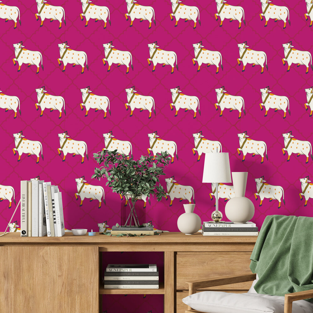 White Cow With Pink Background Wall
