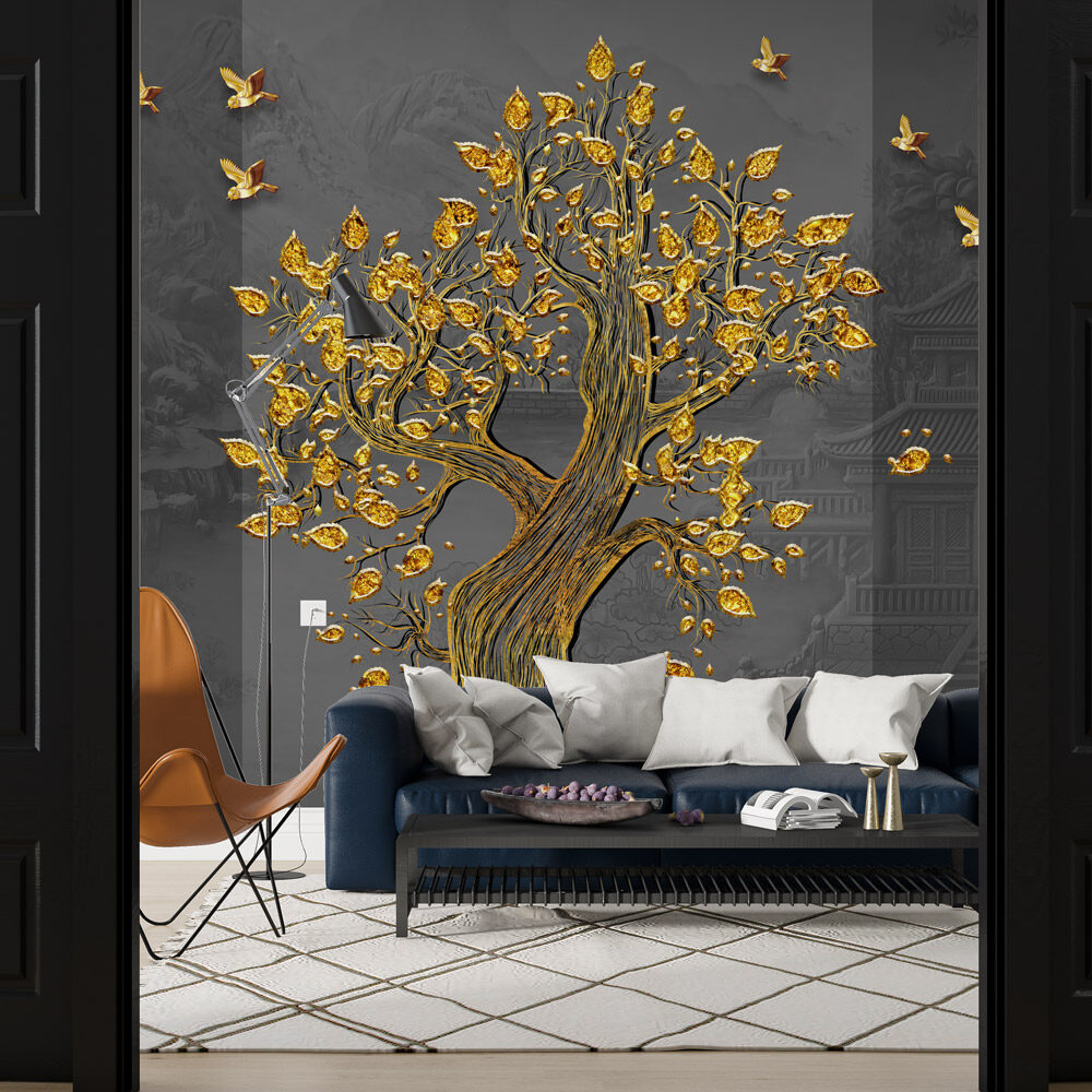 Golden Tree With Gray Wall